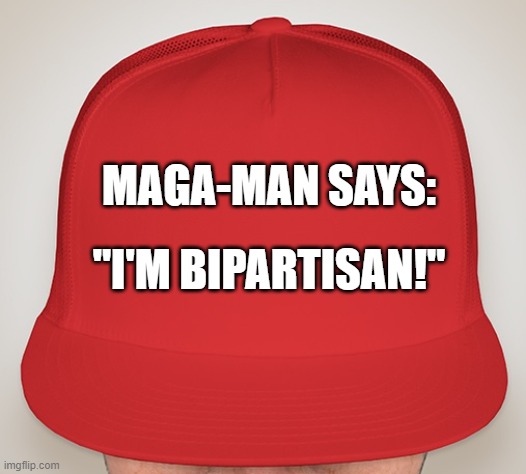 Trump Hat | MAGA-MAN SAYS:; "I'M BIPARTISAN!" | image tagged in trump hat | made w/ Imgflip meme maker
