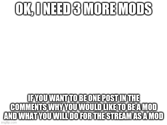 3 more mods | OK, I NEED 3 MORE MODS; IF YOU WANT TO BE ONE POST IN THE COMMENTS WHY YOU WOULD LIKE TO BE A MOD AND WHAT YOU WILL DO FOR THE STREAM AS A MOD | image tagged in blank white template | made w/ Imgflip meme maker