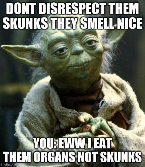 Skunky | DONT DISRESPECT THEM SKUNKS THEY SMELL NICE; YOU: EWW I EAT THEM ORGANS NOT SKUNKS | image tagged in memes,star wars yoda | made w/ Imgflip meme maker