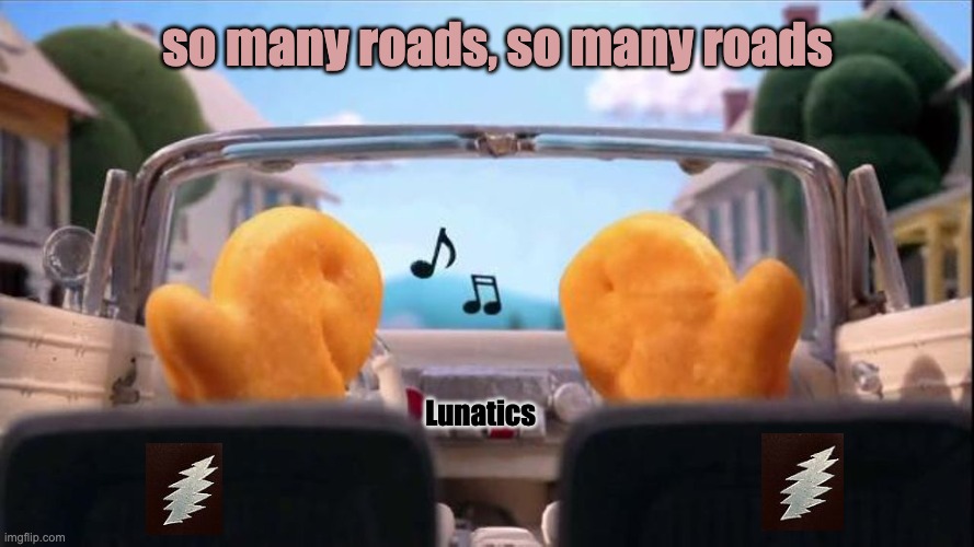 Grateful Dead | so many roads, so many roads; Lunatics | image tagged in grateful dead,music,goldfish,cars,lunatic | made w/ Imgflip meme maker
