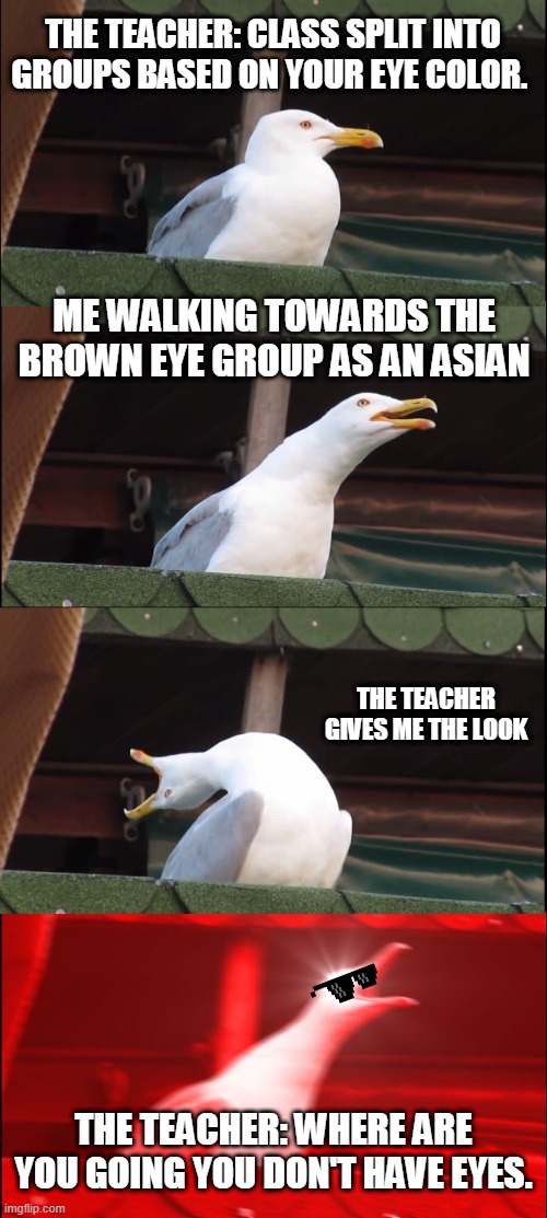 The Teacher | THE TEACHER: CLASS SPLIT INTO GROUPS BASED ON YOUR EYE COLOR. ME WALKING TOWARDS THE BROWN EYE GROUP AS AN ASIAN; THE TEACHER GIVES ME THE LOOK; THE TEACHER: WHERE ARE YOU GOING YOU DON'T HAVE EYES. | image tagged in memes,asian,teacher,racist,racist teacher | made w/ Imgflip meme maker