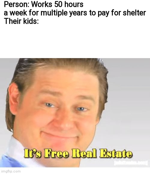free real estate | Person: Works 50 hours a week for multiple years to pay for shelter
Their kids: | image tagged in it's free real estate | made w/ Imgflip meme maker
