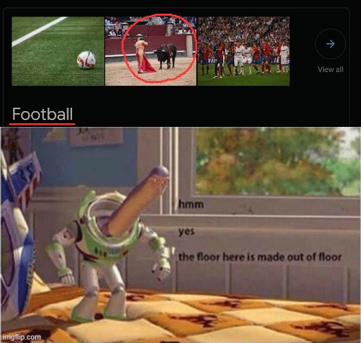 Don't know how bull fighting is football, but all right, Google. | image tagged in hmm yes the floor here is made out of floor,google,football,hmmm,not sure,bull | made w/ Imgflip meme maker