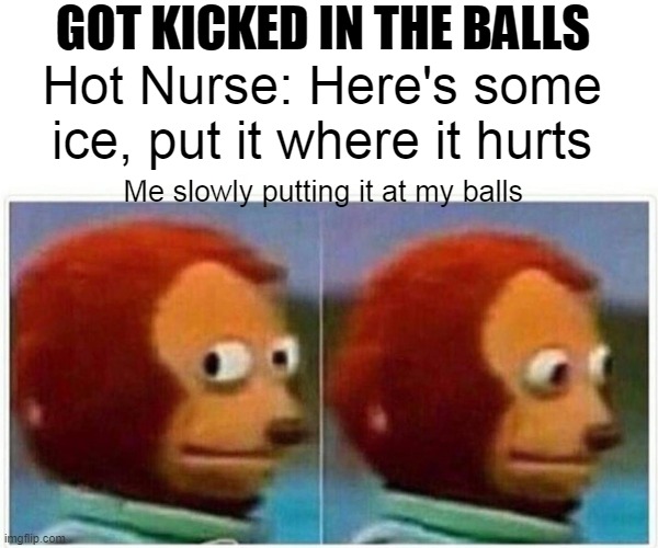 Ice | GOT KICKED IN THE BALLS; Hot Nurse: Here's some ice, put it where it hurts; Me slowly putting it at my balls | image tagged in memes,monkey puppet | made w/ Imgflip meme maker