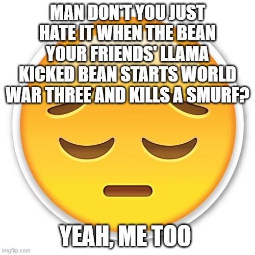 Kind of an inside joke with me and my friends | MAN DON'T YOU JUST HATE IT WHEN THE BEAN YOUR FRIENDS' LLAMA KICKED BEAN STARTS WORLD WAR THREE AND KILLS A SMURF? YEAH, ME TOO | image tagged in llama,smurf | made w/ Imgflip meme maker