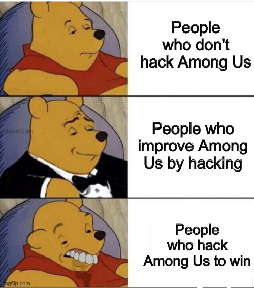 [Insert Title Here] | People who don't hack Among Us; People who improve Among Us by hacking; People who hack Among Us to win | image tagged in tuxedo pooh with idiot | made w/ Imgflip meme maker