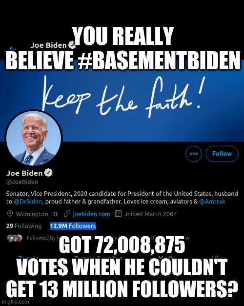 Voter Fraud 2020 | YOU REALLY BELIEVE #BASEMENTBIDEN; GOT 72,008,875 VOTES WHEN HE COULDN'T GET 13 MILLION FOLLOWERS? | image tagged in basementbiden,joe biden,democratvoterfraud,ifvotingchangedanythingtheydmakeitillegal | made w/ Imgflip meme maker