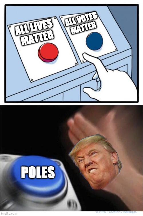 big orange man go boom boom | ALL VOTES
MATTER; ALL LIVES 
MATTER; POLES | image tagged in two buttons 1 blue,donald trump,maga,drumpf,election 2020,politics | made w/ Imgflip meme maker