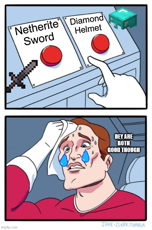 Can't pick | Diamond Helmet; Netherite Sword; DEY ARE BOTH GOOD THOUGH | image tagged in memes,two buttons,funny,minecraft | made w/ Imgflip meme maker