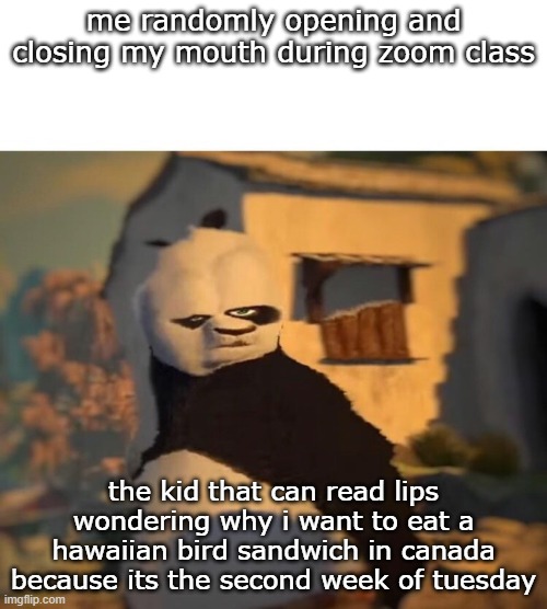 h a w a i i a n b i r d s a n d w i c h |  me randomly opening and closing my mouth during zoom class; the kid that can read lips wondering why i want to eat a hawaiian bird sandwich in canada because its the second week of tuesday | image tagged in drunk kung fu panda | made w/ Imgflip meme maker