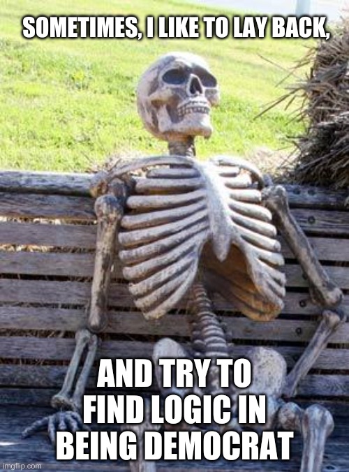 Waiting Skeleton | SOMETIMES, I LIKE TO LAY BACK, AND TRY TO FIND LOGIC IN BEING DEMOCRAT | image tagged in memes,waiting skeleton | made w/ Imgflip meme maker