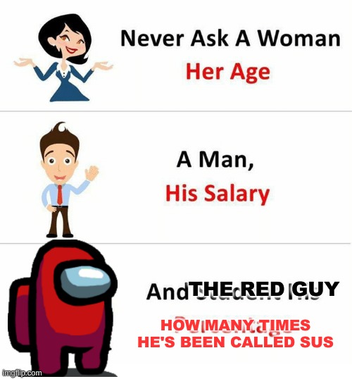 Never Ask a Woman Her Age | THE RED GUY; HOW MANY TIMES HE'S BEEN CALLED SUS | image tagged in never ask a woman her age | made w/ Imgflip meme maker
