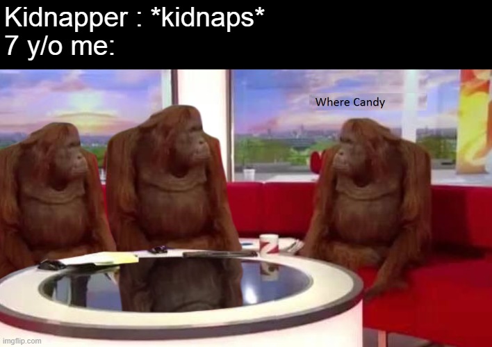 no candy | Kidnapper : *kidnaps*
7 y/o me: | image tagged in memes | made w/ Imgflip meme maker