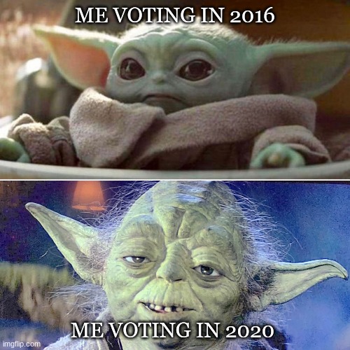 Baby Yoda Vs Old Yoda | ME VOTING IN 2016; ME VOTING IN 2020 | image tagged in baby yoda vs old yoda | made w/ Imgflip meme maker
