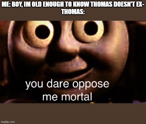 changed my mind | ME: BOY, IM OLD ENOUGH TO KNOW THOMAS DOESN'T EX-
THOMAS: | image tagged in you dare oppose me mortal | made w/ Imgflip meme maker