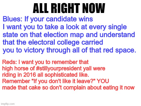 Irony 2020 | ALL RIGHT NOW; Blues: If your candidate wins I want you to take a look at every single state on that election map and understand that the electoral college carried you to victory through all of that red space. Reds: I want you to remember that high horse of #stillyourpresident yall were riding in 2016 all sophisticated like. Remember "If you don't like it leave?" YOU made that cake so don't complain about eating it now | image tagged in blank white template | made w/ Imgflip meme maker