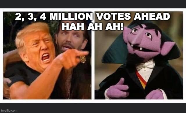 The Count | 2, 3, 4 MILLION VOTES AHEAD
HAH AH AH! | image tagged in election 2020,donald trump,trump,election,the count | made w/ Imgflip meme maker