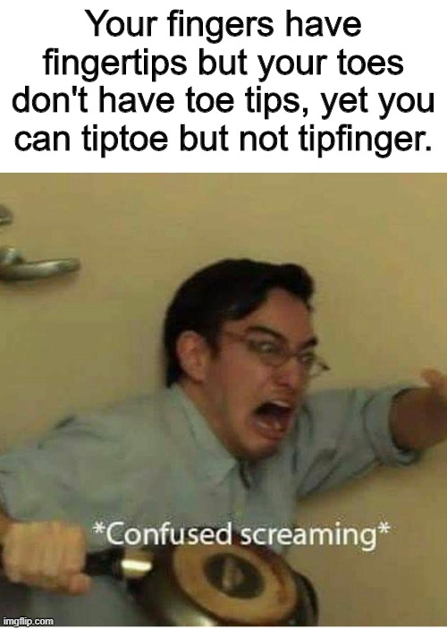 huhhh? | Your fingers have fingertips but your toes don't have toe tips, yet you can tiptoe but not tipfinger. | image tagged in confused screaming | made w/ Imgflip meme maker