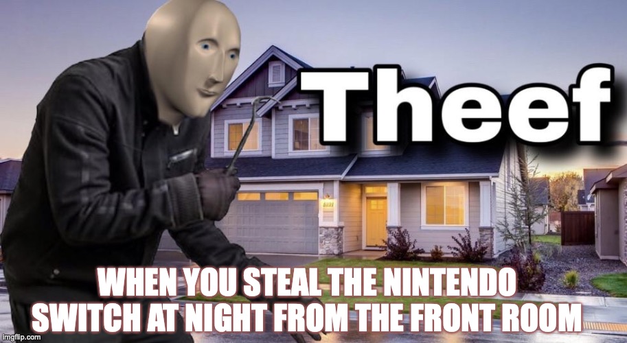 Theef | WHEN YOU STEAL THE NINTENDO SWITCH AT NIGHT FROM THE FRONT ROOM | image tagged in theef | made w/ Imgflip meme maker