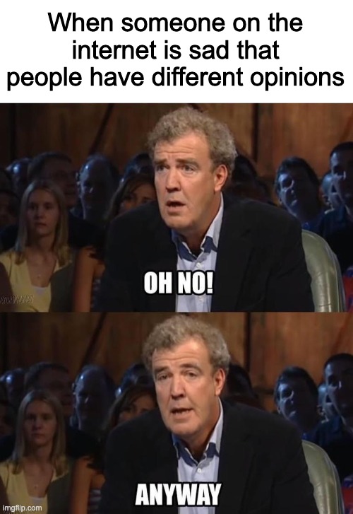 Oh no! Anyway | When someone on the internet is sad that people have different opinions | image tagged in oh no anyway | made w/ Imgflip meme maker