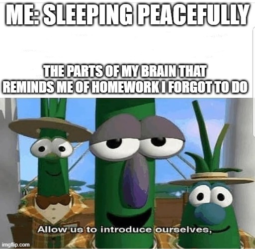 oh god | ME: SLEEPING PEACEFULLY; THE PARTS OF MY BRAIN THAT REMINDS ME OF HOMEWORK I FORGOT TO DO | image tagged in allow us to introduce ourselves | made w/ Imgflip meme maker