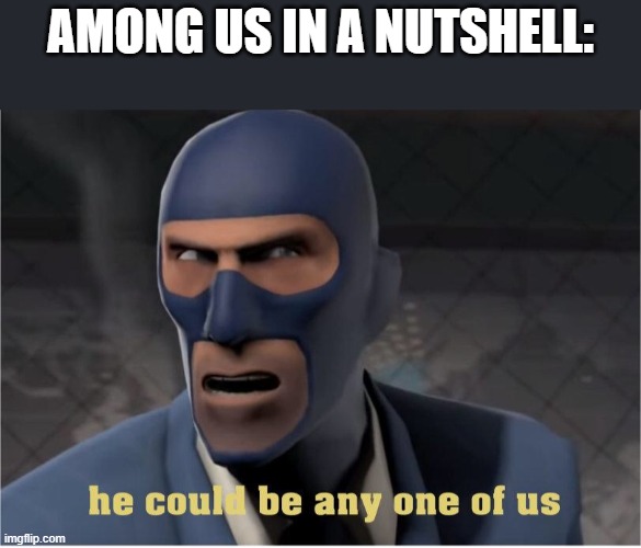 spy among us | AMONG US IN A NUTSHELL: | image tagged in he could be anyone of us,meme | made w/ Imgflip meme maker