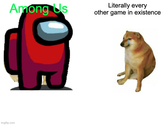 Buff Doge vs. Cheems | Among Us; Literally every other game in existence | image tagged in memes,buff doge vs cheems | made w/ Imgflip meme maker