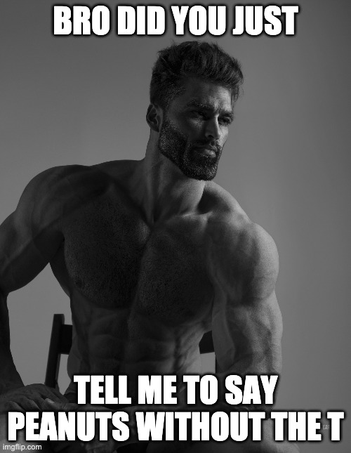 Giga Chad | BRO DID YOU JUST; TELL ME TO SAY PEANUTS WITHOUT THE T | image tagged in giga chad | made w/ Imgflip meme maker
