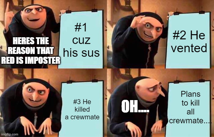 Reasons that Red is imposter.....But u exposed that ur the Imposter | #1 cuz his sus; #2 He vented; HERES THE REASON THAT RED IS IMPOSTER; Plans to kill all crewmate.... #3 He killed a crewmate; OH.... | image tagged in memes,gru's plan | made w/ Imgflip meme maker
