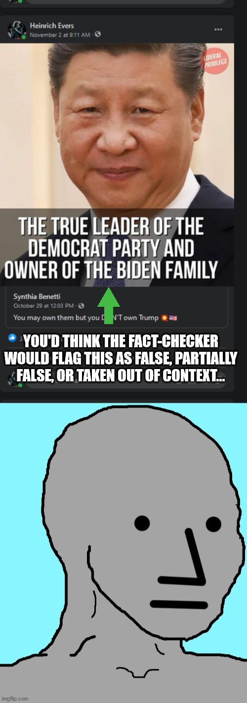 YOU'D THINK THE FACT-CHECKER WOULD FLAG THIS AS FALSE, PARTIALLY FALSE, OR TAKEN OUT OF CONTEXT... | image tagged in memes,npc | made w/ Imgflip meme maker