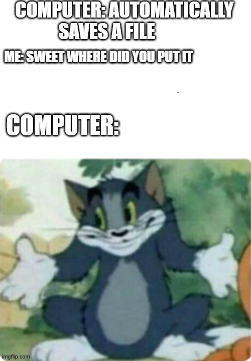 i Dunno | COMPUTER: AUTOMATICALLY SAVES A FILE; ME: SWEET WHERE DID YOU PUT IT; COMPUTER: | image tagged in funny,cat,computer | made w/ Imgflip meme maker