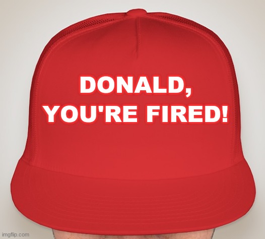Trump Hat | YOU'RE FIRED! DONALD, | image tagged in trump hat | made w/ Imgflip meme maker