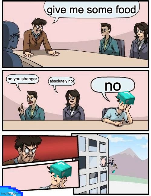 Boardroom Meeting Suggestion | give me some food; no you stranger; absolutely not; no | image tagged in memes,boardroom meeting suggestion | made w/ Imgflip meme maker
