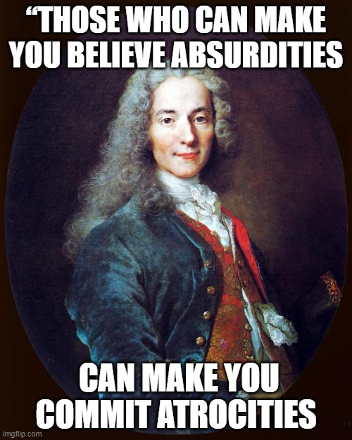 voltaire | “THOSE WHO CAN MAKE YOU BELIEVE ABSURDITIES; CAN MAKE YOU COMMIT ATROCITIES | image tagged in voltaire | made w/ Imgflip meme maker