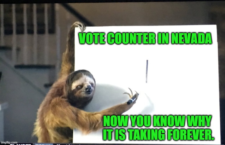 Geico Sloth |  VOTE COUNTER IN NEVADA; NOW YOU KNOW WHY
 IT IS TAKING FOREVER. | image tagged in geico sloth | made w/ Imgflip meme maker
