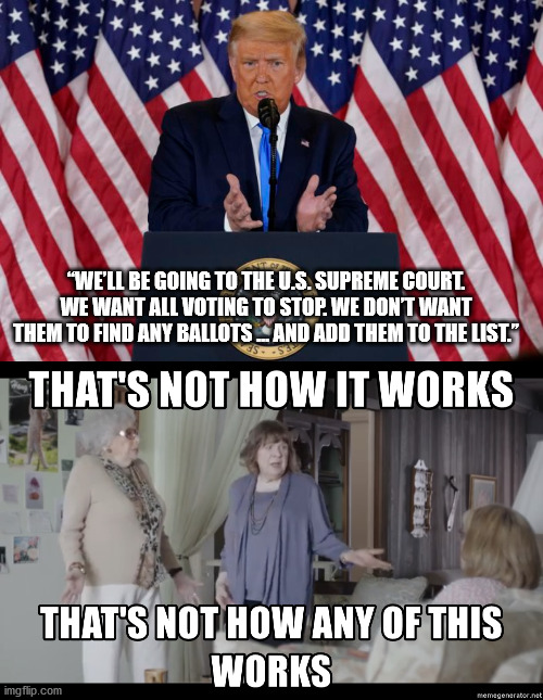 Trump reminds me of that old aunt that's on the verge of dementia but thinks she knows everything | “WE’LL BE GOING TO THE U.S. SUPREME COURT. WE WANT ALL VOTING TO STOP. WE DON’T WANT THEM TO FIND ANY BALLOTS … AND ADD THEM TO THE LIST.” | image tagged in trump,dementia | made w/ Imgflip meme maker