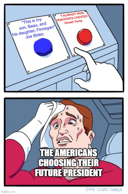 The senile perv or the angry man-baby ? | "I ALREADY WON, DEMOCRATS CHEATED !"
Donald Trump; "This is my son, Beau, and his daughter, Finnegan"
Joe Biden; THE AMERICANS CHOOSING THEIR FUTURE PRESIDENT | image tagged in memes,two buttons,election 2020,donald trump,joe biden | made w/ Imgflip meme maker