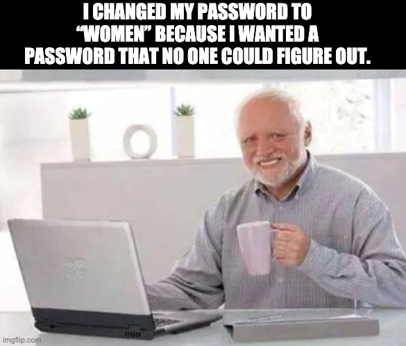 Secure password | I CHANGED MY PASSWORD TO “WOMEN” BECAUSE I WANTED A PASSWORD THAT NO ONE COULD FIGURE OUT. | image tagged in harold | made w/ Imgflip meme maker