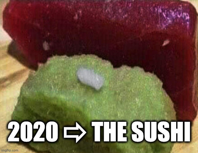 2020 the sushi | 2020 ⇨ THE SUSHI | image tagged in 2020 the sushi,2020 sucks,election 2020,funny,funny memes,sushi | made w/ Imgflip meme maker