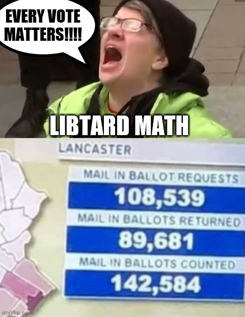EVERY VOTE MATTERS!!!! LIBTARD MATH | image tagged in screaming liberal | made w/ Imgflip meme maker