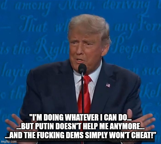 Trump businessman doing business | "I'M DOING WHATEVER I CAN DO...
...BUT PUTIN DOESN'T HELP ME ANYMORE...
...AND THE FUCKING DEMS SIMPLY WON'T CHEAT!" | image tagged in trump businessman doing business | made w/ Imgflip meme maker