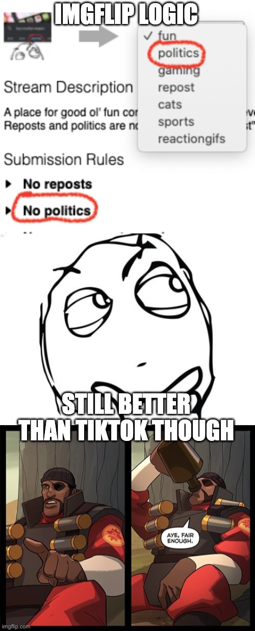 IMGFLIP LOGIC; STILL BETTER THAN TIKTOK THOUGH | image tagged in memes,question rage face,demoman fair enough | made w/ Imgflip meme maker