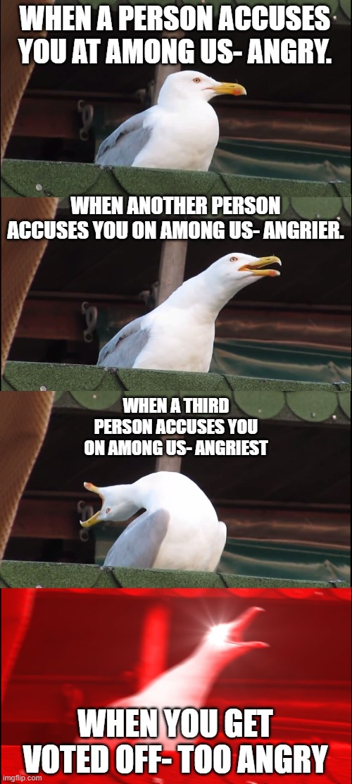 Do not play among us if you are a seagull, or this might happen. | WHEN A PERSON ACCUSES YOU AT AMONG US- ANGRY. WHEN ANOTHER PERSON ACCUSES YOU ON AMONG US- ANGRIER. WHEN A THIRD PERSON ACCUSES YOU ON AMONG US- ANGRIEST; WHEN YOU GET VOTED OFF- TOO ANGRY | image tagged in memes,inhaling seagull | made w/ Imgflip meme maker