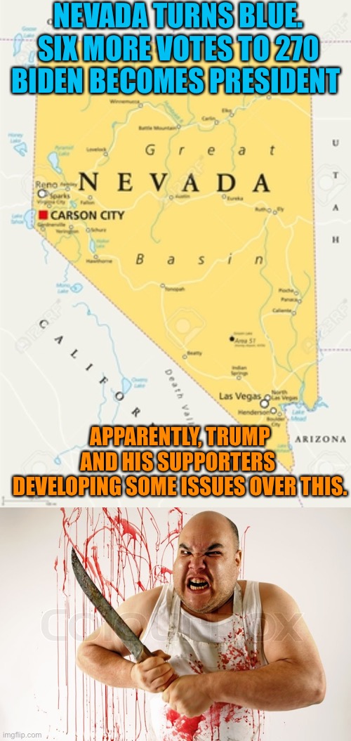 Trump and his supporters are off the leash | NEVADA TURNS BLUE. SIX MORE VOTES TO 270
BIDEN BECOMES PRESIDENT; APPARENTLY, TRUMP AND HIS SUPPORTERS 
DEVELOPING SOME ISSUES OVER THIS. | image tagged in trump,trump supporters,orange,kool-aid,loser,republicans | made w/ Imgflip meme maker