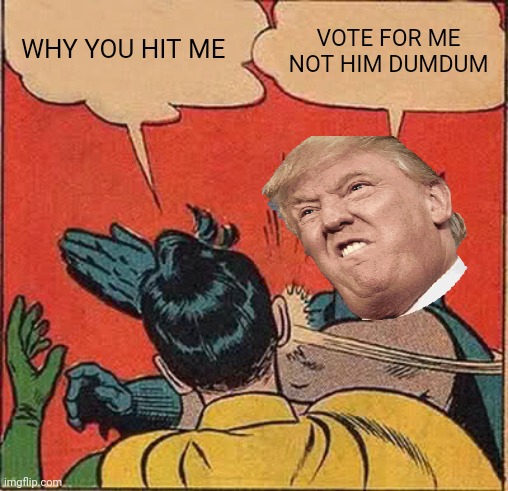 Batman Slapping Robin | WHY YOU HIT ME; VOTE FOR ME NOT HIM DUMDUM | image tagged in memes,batman slapping robin | made w/ Imgflip meme maker