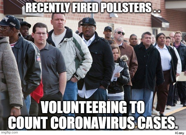 Recently Fired Pollsters | RECENTLY FIRED POLLSTERS . . VOLUNTEERING TO COUNT CORONAVIRUS CASES. | image tagged in unemployment line,polls,election 2020,voting,coronavirus | made w/ Imgflip meme maker