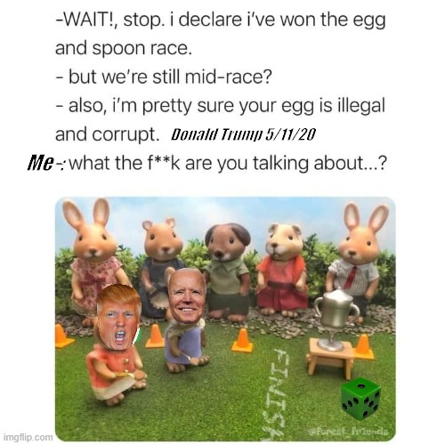 TRUMP ANOTHER STUPID STATEMENR | Donald Trump 5/11/20; Me  : | image tagged in trump another stupid statemenr | made w/ Imgflip meme maker