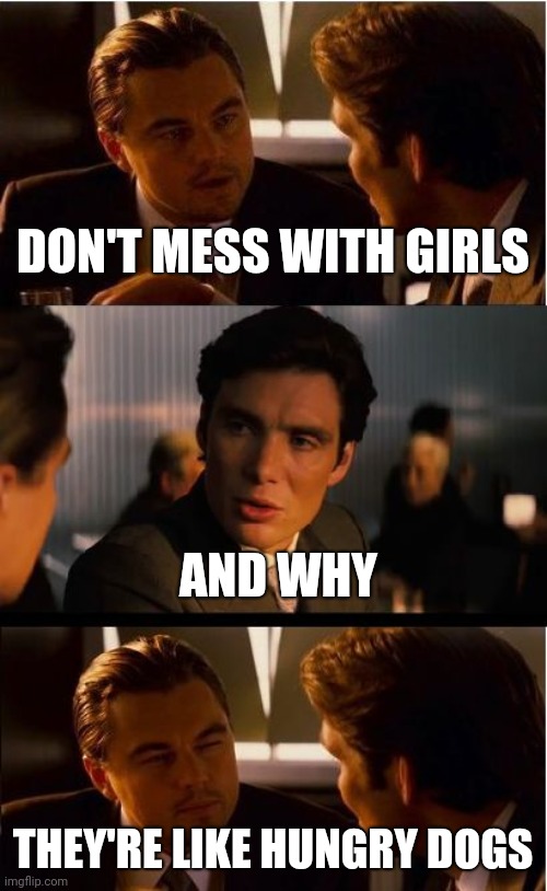 Inception | DON'T MESS WITH GIRLS; AND WHY; THEY'RE LIKE HUNGRY DOGS | image tagged in memes,inception | made w/ Imgflip meme maker