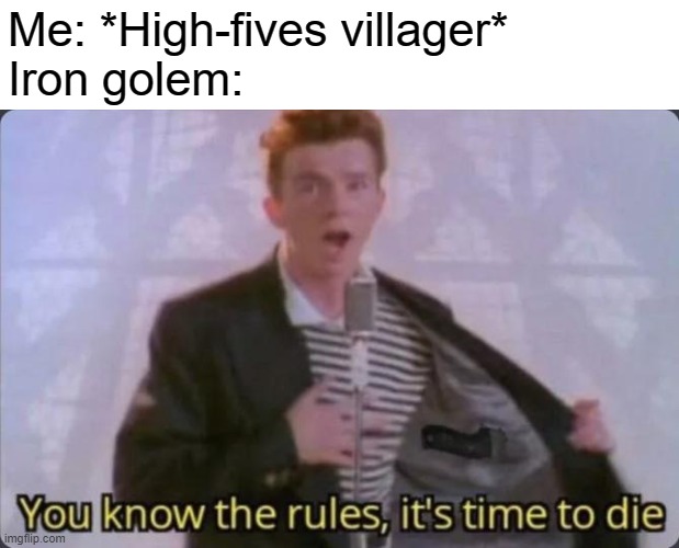 Minecraft Villages | Me: *High-fives villager*
Iron golem: | image tagged in you know the rules it's time to die,minecraft | made w/ Imgflip meme maker