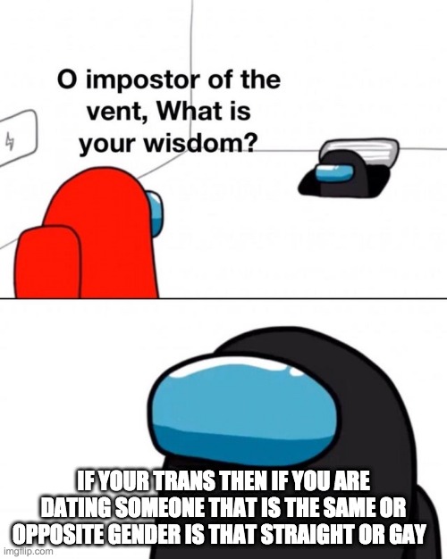 O impostor of the vent, what is your wisdom? | IF YOUR TRANS THEN IF YOU ARE DATING SOMEONE THAT IS THE SAME OR OPPOSITE GENDER IS THAT STRAIGHT OR GAY | image tagged in o impostor of the vent what is your wisdom | made w/ Imgflip meme maker